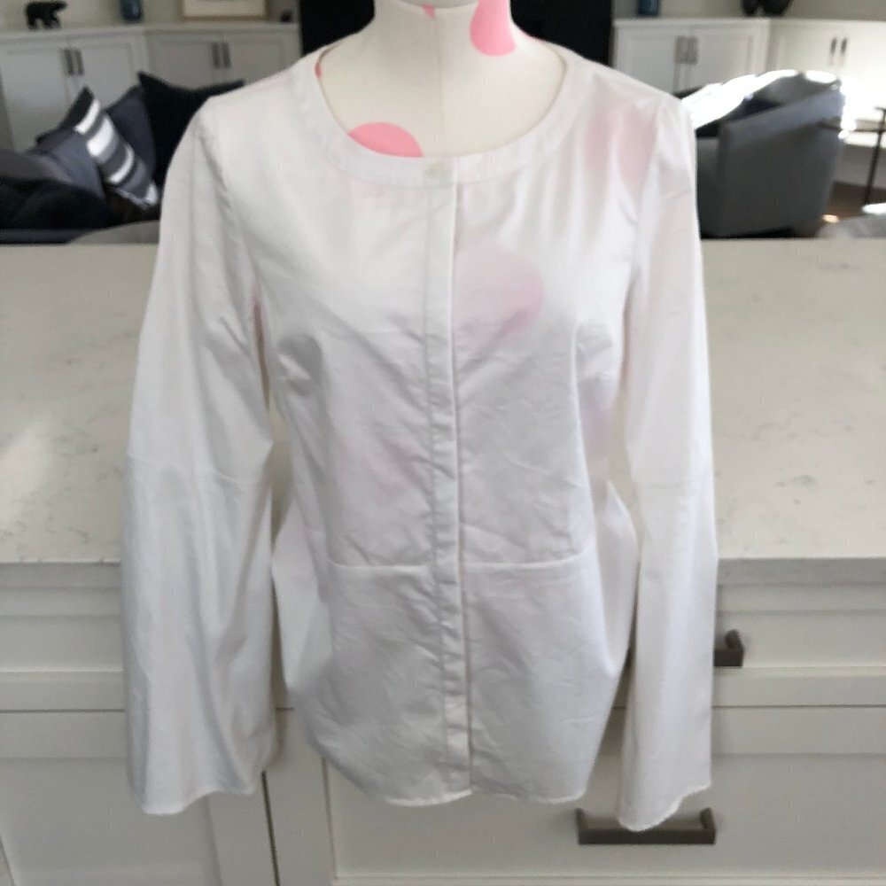 Halston Boho Scoop Neck Bell Sleeve Cotton & Nylon Button Up Shirt Wht Sz S NWOT